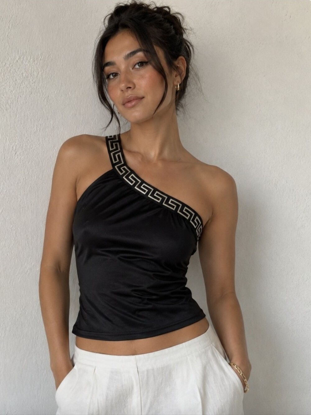#116 NWOT One-Shoulder Black Top w/Geometric Trim, Tag Sts XL, But Can Fit M-L
